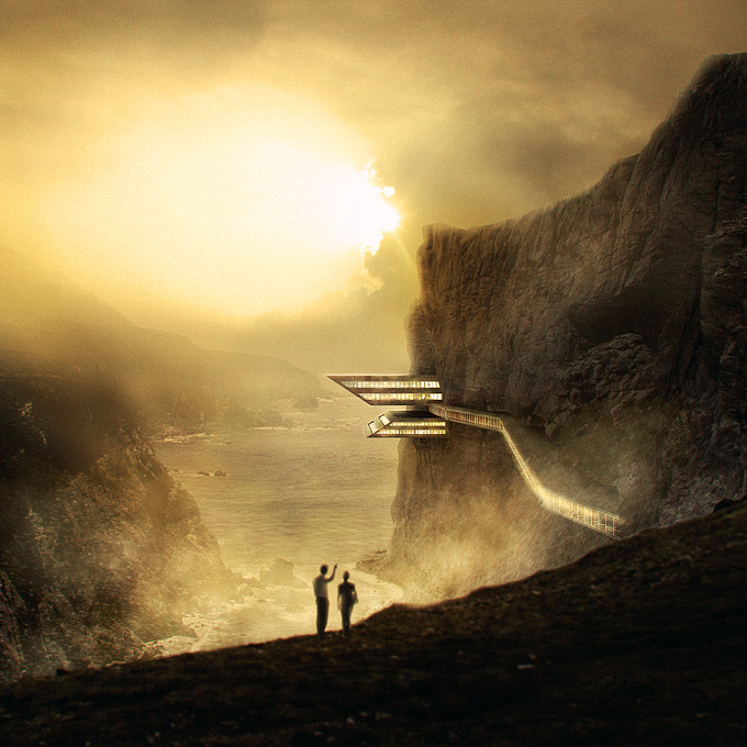 http://makonimation.com/
Building and pathway on a cliff.

Done with 3ds max, vray, nuke, photoshop