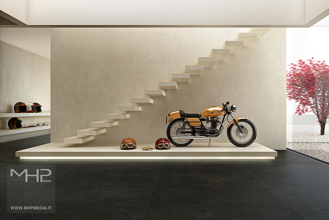 Rendering of a Motorcycle Shop with a beautiful dark ceramic floor.