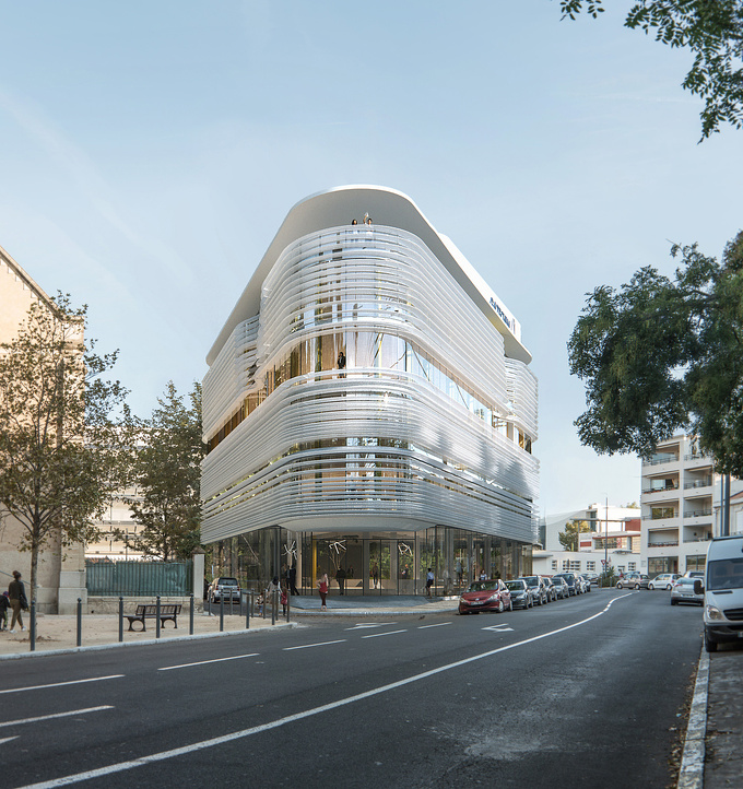 Architectural 3D <a href=" https://www.lunas.pro/portfolio/architectural-rendering-beziers-france.html" target="_blank">  rendering </a> of a business center in the historical part of Beziers town (Languedoc, France) is one of the cases when a fully modeled building is skillfully integrated in the existing surroundings in such a delicate way, that it seems like it has always been there.