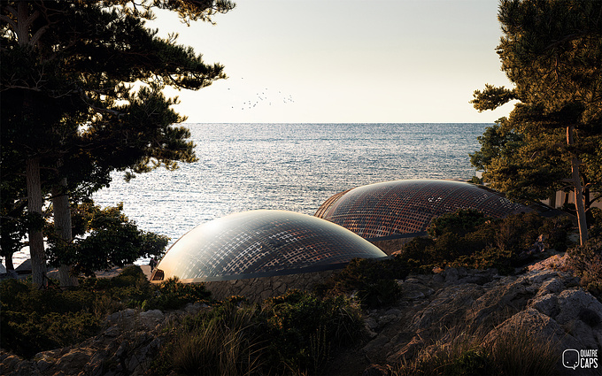 Project by Borgos Pieper.
Formed by two vaulted grid-shells in steel and glass that are nestled into the hillside, the exhibition spaces are part of a sequence of pavilions set into the extensive landscaped grounds. 