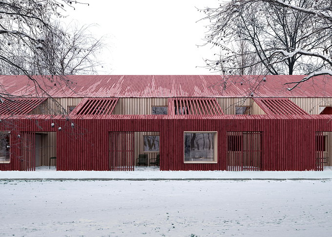 An image with a winter mood for one of the projects designed by Kaminsky Arkitektur.
