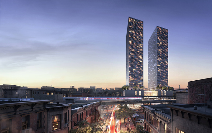3D Rendering of This mixed-use tower development in Harlem features a public plaza connected to the 125th street subway station, a commercial level, and two residential towers, sitting on top of a multi-story glass block base designed to house open plan commercial and gallery spaces to connect to the community. 

All architectural elements were designed to combine commercial and residential areas to help break up single use blocks and instead create a sense of community and connection through the flow of interconnected spaces. The façade is made up of a mix of translucent and opaque panels that correspond to each of the particular diverse interior spaces contained within.

Our client wanted powerful authentic renderings created to showcase how this new landmark development would look in the context of the city. It was NoTriangle’s job to recreate the historic neighborhood of Harlem, and elevated subway line, that would connect to the new plaza and commercial tower frontage at the base. 