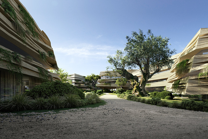 The vision of a resort on Portugal’s south coast, as created by  Kengo Kuma & Associates and OODA, takes cues from the natural and cultural heritage of the region. The finalist proposal evokes Algarve’s fossil cliffs and the Arabic architectural characteristics with the aim of building a narrative about living in harmony with our surroundings. In accentuating this concept, we opted for views and light settings that make the stratified buildings blend into the environment, suggesting they have sprouted straight from the ground. 
