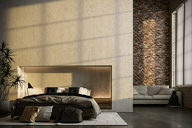 3D Render | Grey and brick wall room