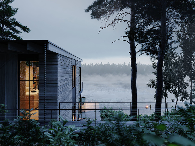 Quiet, cool, calm. The Raft Island home is integrated into the heavily wooded landscape and takes in the foggy water views beyond.

Client: Studio DIAA