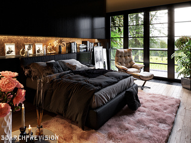 Dark Bedroom Interior visualization on a rainy day