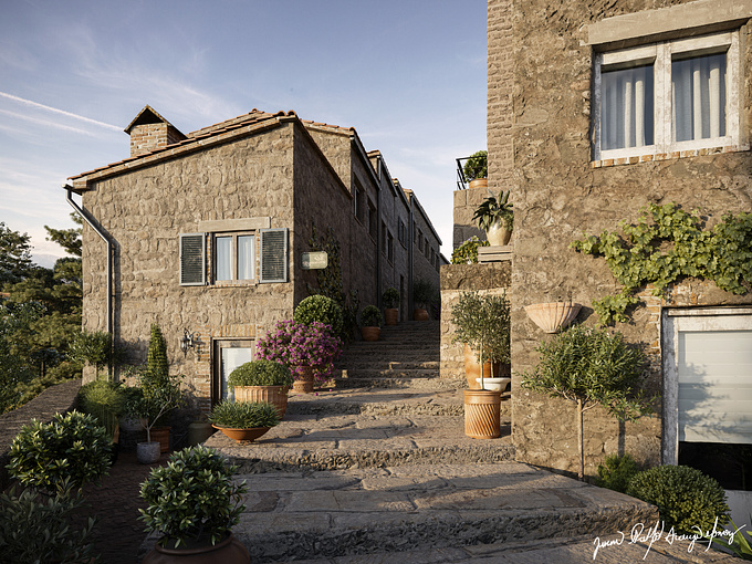Images made in the year 2022, based on a photo of a street in the small town of Pienza, Italy.