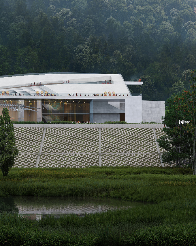 Project name: Architectural programme design of the Fengdu Museum
Location: Chongqing,China
Client: BIAD
Visualization team: INV CG
Fengdu Museum , which is proposed to be a second-class museum, is located in near the Shuanggui Huating Project of Mingshan Ancient City of Mingshan Group in Fengdu County. A unique space processing was carried out to maximise the use of light and natural light, highlighting the layout concept of the museum interior and the architectural appearance in a panoramic view. The fog effect deepens the three-dimensionality of the building and perfectly integrates the shape of the museum with the natural environment.