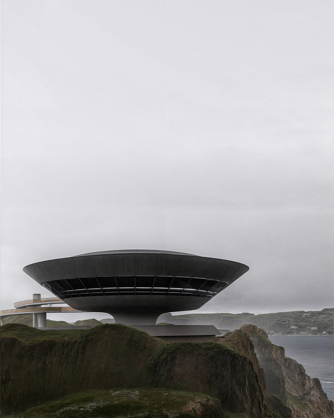 A modern structure resembling a flying saucer is perched on a cliff overlooking the ocean. Contemporary Art Museum