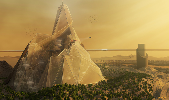 This is our "Living Mountain" concept which received New Frontiers Honourable Mention at the 2011 EVOLO Skyscraper Competition. It illustrates how a city-like skyscraper could gradually transform the desert into a habitable environment, through the orographic effect, counteracting global warming. It was featured as a main article in the Italian version of the Focus Magazine, and has become popular worldwide throughout the internet.