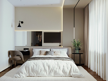 Bedroom of a private house in the style of minimalism