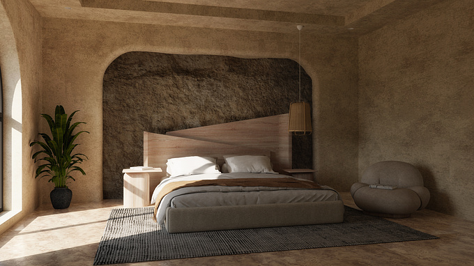 This 3D artwork depicts a captivating bedroom with a natural touch of stone walls. Crafted with skill and precision using the Blender 3D software, this bedroom showcases a warm and soothing ambiance with gentle morning lighting.
