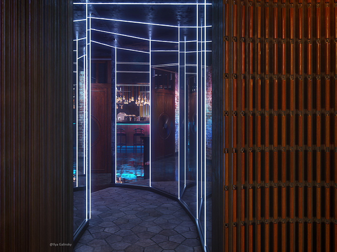 Bar-restaurant, on Sadovaya street in Moscow. The project is built in dark colors, with color and light accents.