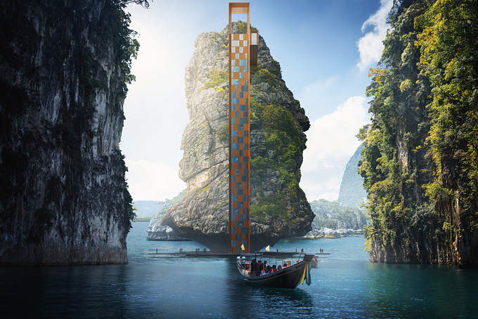 Concept for vertical resort at the Thailand ocean mountains.