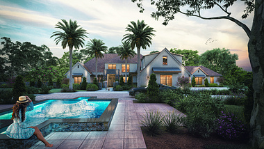 architectural, rendering, studio, animation, visualization, services, design, Idea, exterior, Façade, landscape, residential, home, bungalow, house, company, mansion, photo-real, walking area, garden, backside pool