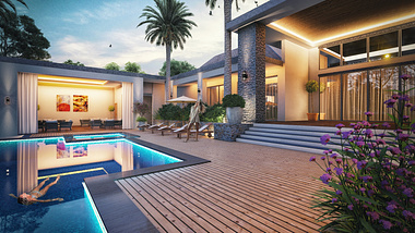 architectural, rendering, studio, animation, visualization, services, design, Idea, exterior, Façade, landscape, residential, home, bungalow, house, company, mansion, photo-real, walking area, pool, sitting