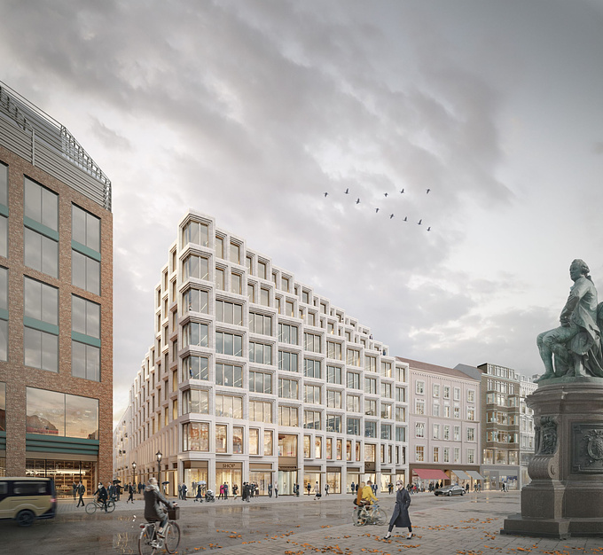Once again we teamed up with gmp International to produce visuals for another gem, a mixed use building redesign project in Gänsemarkt in the heart of Hamburg. In the design a historical vibe is developed through modern shapes and volumetry.