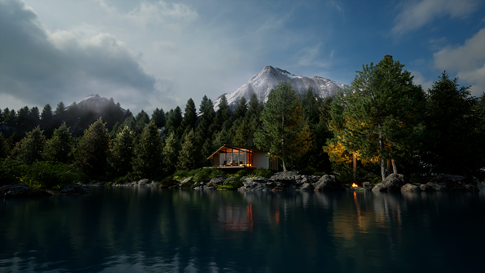 Lake house rendering with emphasis placed on the environment.