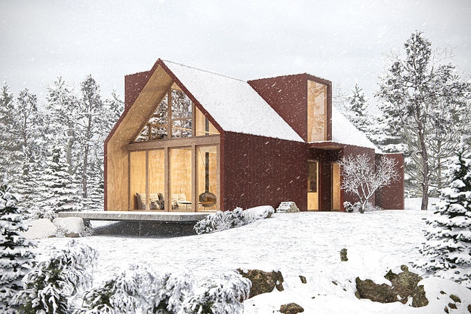 CG Image created for Saucedo Arquitectura. SHELKNAM CABIN located in Tolhuin - Tierra del Fuego, Argentina