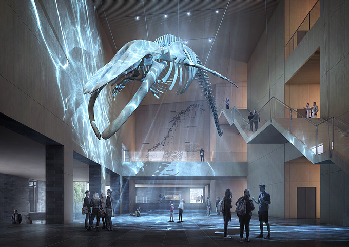Interior image of circulation space in the new Arctic Museum by Henning Larsen in Tromsø, Norway.