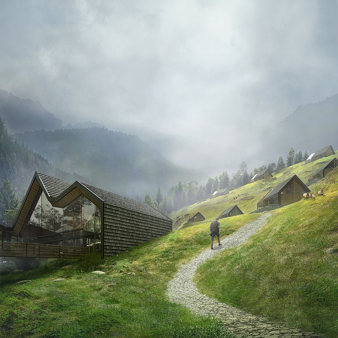  - http://
This is a part of my master diploma project.

In this image I tried to capture the atmosphere of contemplation and calmness, which are so easily obtainable in the beautiful Polish mountains area. This hotel is located in the Silesian Beskid and was meant to be integrated in the landscape to emphasize its character.