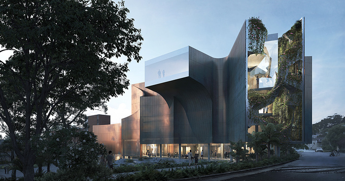 Images of Terroir's design for the new North West Museum and Art Gallery in Burnie, Tasmania. The architecture resembles the nature along the North West Coast of Tasmania. The copper facade that gradually patinates is a reference to the red rocks along the coast. The "lens" in one end of the building has crawling vegetation similar to the coastal vegetation in the region. This expressive piece of architecture was a joy to visualise for an enthusiastic and engaged client.