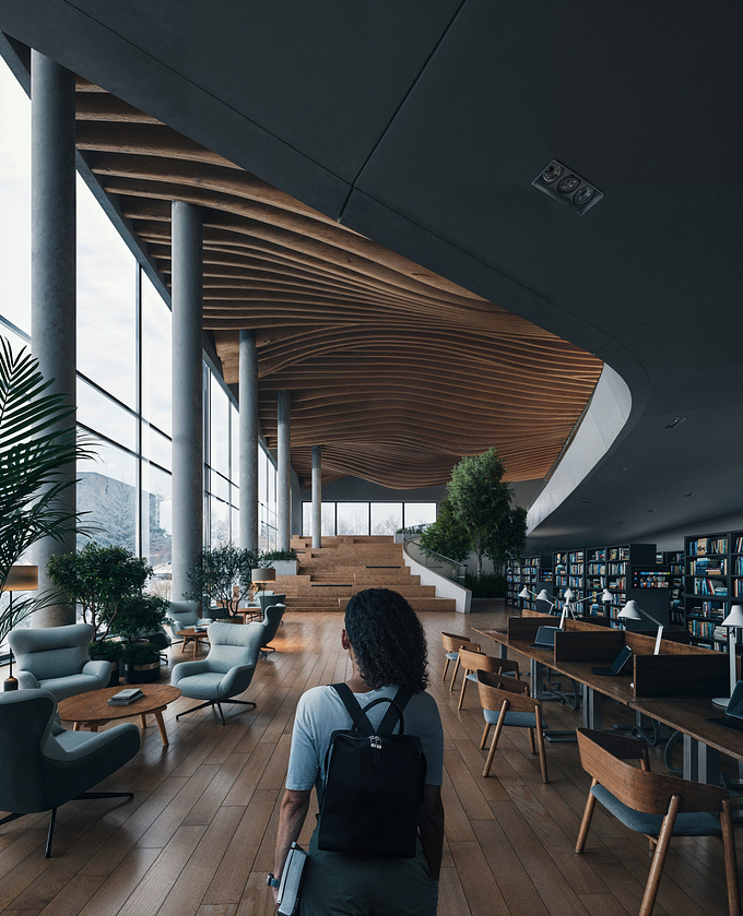 an university library with a unique wooden ceilling 
Project Role : Design and visual
Software used : 3DMAX,Vray and Photoshop
#photography #Archviz #CGI #3dmax #VRAY #Visual #Interior #Architecture 