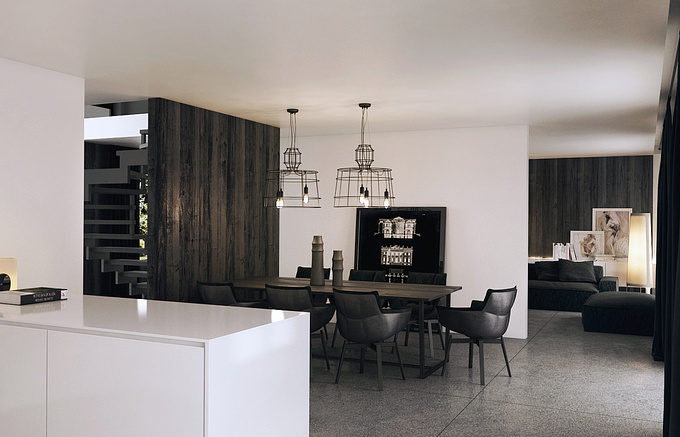 Modern interior design with dark wood panels.
3D Studio Max, V-ray, Adobe Photoshop
Design/Visualisation: Romet Mets
