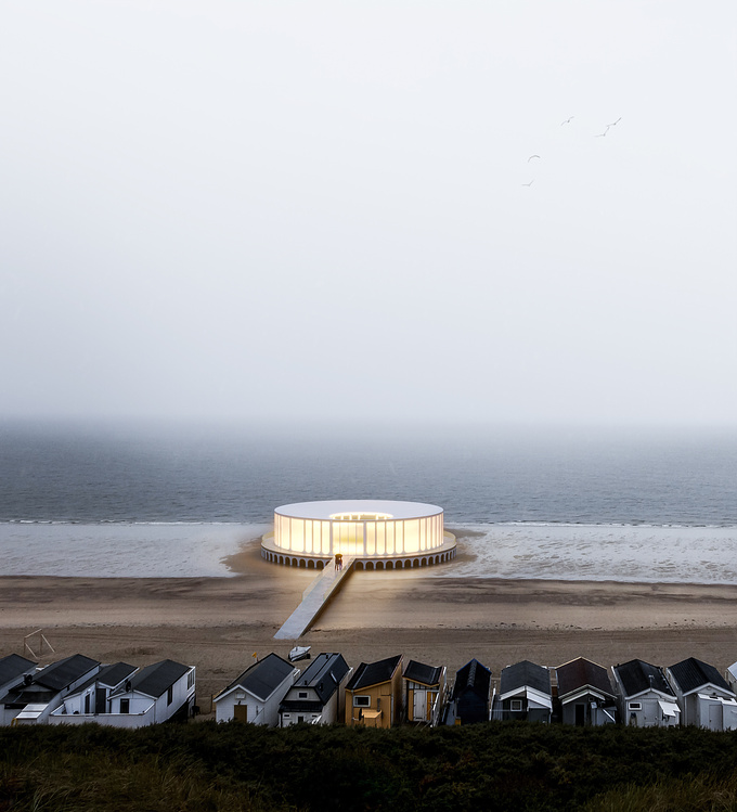 The Pavilion is located at the shore of the North Sea. Mirrored arcs are representing waves and their rhythm, the sea itself. A marvelous sculpture "Rain" by Nazar Bilyk is in the middle of the pavilion.