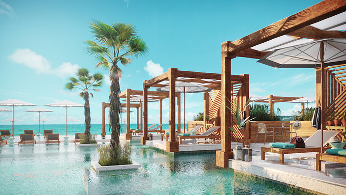 Hoaitranvisuals - http://www.tranxuanhoai.com
Pool resort corner overlooks the beach with timber loungers and canopy.