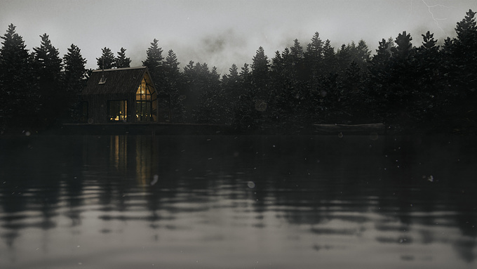This was one of my first renders with 3ds Max and Corona Renderer, on May, 2020.
A cloudy day in the middle of the forest, there's a boat and a cabin. It's very cold and the fireplace warms the inside.