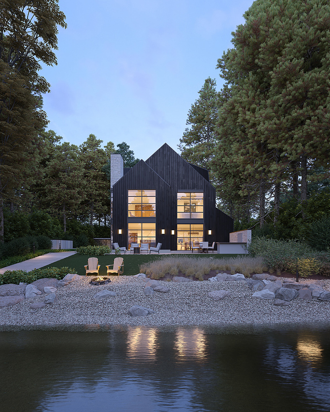 3D Rendering of a Avalon Houses in the woods.