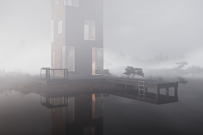 I created a large-scale landscape and it was a bliss to explore different lighting and fog/atmosphere scenarios. With this all-around ready-built scene it seemed like whatever lighting I tried it looked decent and the composition started to play a much bigger role. The environment is inspired by Estonian bogs.