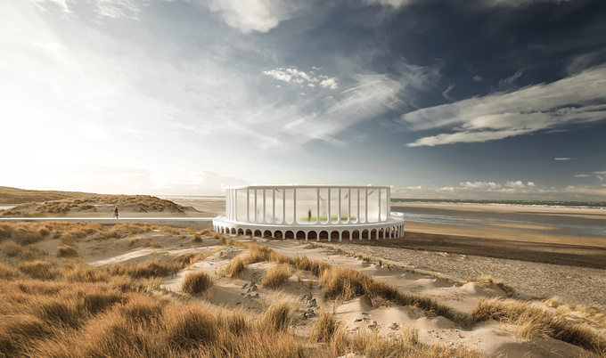 The Pavilion is located at the shore of the North Sea. Mirrored arcs are representing waves and their rhythm, the sea itself. A marvelous sculpture "Rain" by Nazar Bilyk is in the middle of the pavilion.