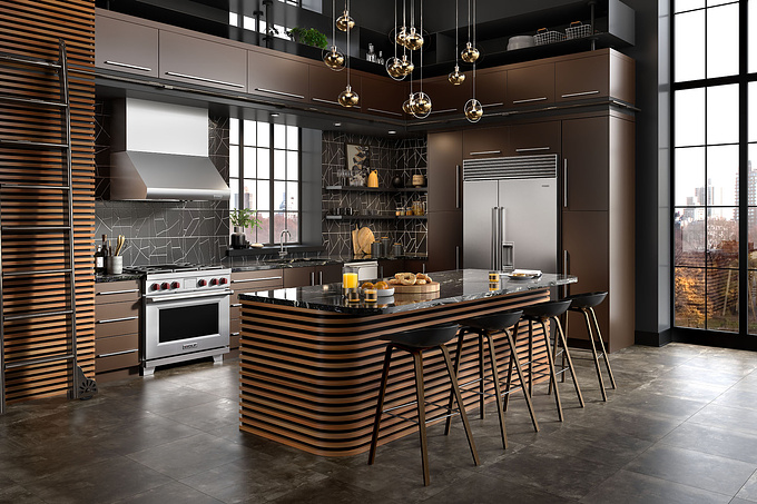 A little bit of a throwback with this image for us, this industrial kitchen was crafted for one of our American clients a couple of years back.
Practical and functional, boasting large stainless steel appliances, a fluted-deco strip-wood breakfast bar as well as overhead practical storage, this interior is as bold as it is beautiful.