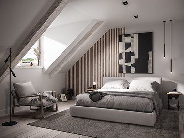 Interior visualization of an attic apartment in Munich