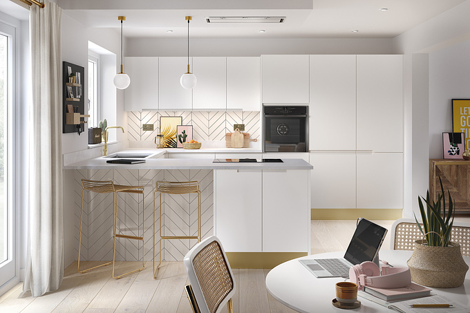 Some more of our recent kitchen CGI, this time crafting a graceful matt white and chic gold kitchen interior.

The kitchen layout and cabinetry finishes were provided by our client with the concept pushed to next level by our interior stylists. All 3D production and additional prop modelling is by our skilled team of 3D designers, using 3DSMax and rendered using Corona renderer. Additional finishing touches and colour adjustments were made using Adobe Photoshop and Fusion Studio 16.

More kitchens from this project > https://www.pikcells.com/portfolio/second-nature-kitchens