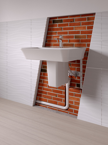 Technical CGI cutaway of sink and tap systems