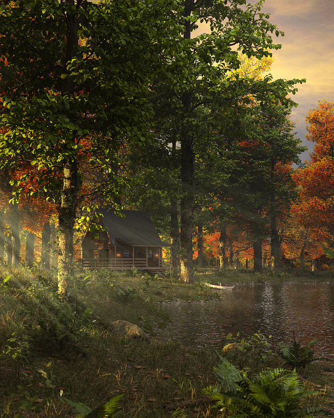 Nature has always fascinated me and for this project I had an idea of a simple cabin in the middle of the woods. I wanted to express serenity and mystery through the lighting in a dense vegetation environment, as if the cabin was discovered in the middle of a walk in the woods. A composition work is brought between the cabin, the lake and the boat. This project was done with Blender then Photoshop for post-production.