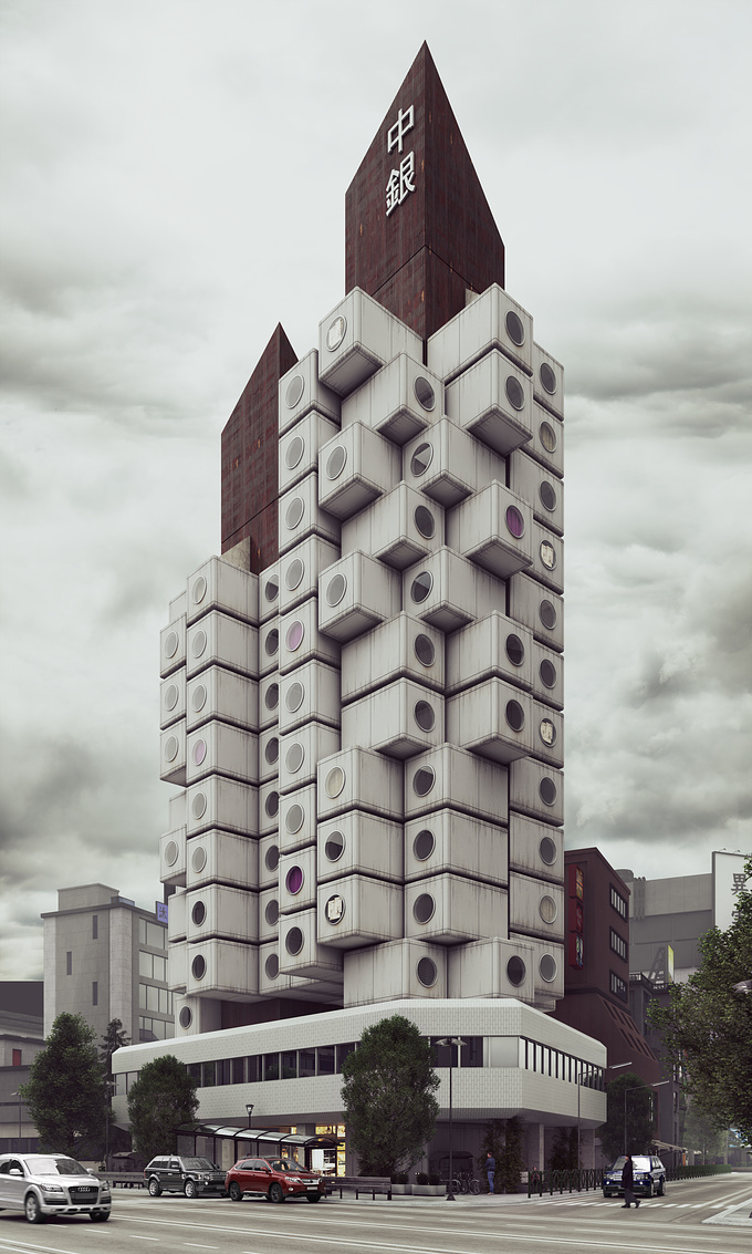 Nakagin Capsule Tower japan Tokyo :
-Modeling The Tower.
-Lighting. Shading and Texturing.
-Rendering  by V-ray. 
I hope you like it.