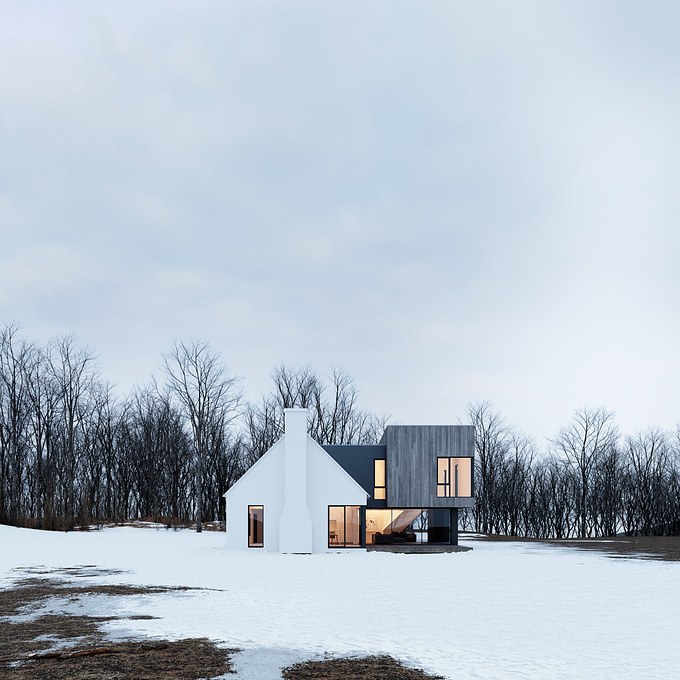 Renders by reference:
(https://www.dezeen.com/2019/11/23/tba-white-farmhouse-cedar-extension-quebec/)
Software: 3ds Max, Corona Renderer, Photoshop