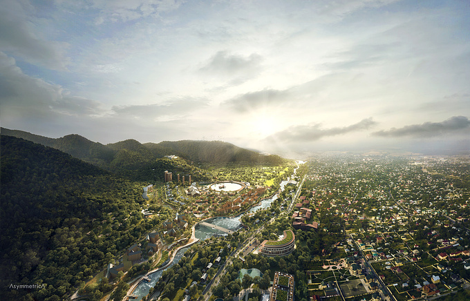 A large master plan in the beautiful mountain region of Gabala spreading along the river and climbing up the hills.