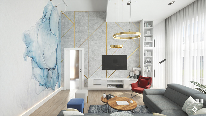 Living room in tall space. Unique combination of abstract wallpaper and concrete wall with golden strips. Light, open space.