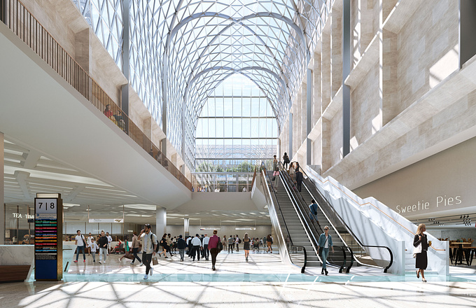 We created this image for the Penn Station design of renowned architecture studios HOK and Practice for Architecture and Urbanism. The vision is to establish a more inviting space for visitors by introducing soaring glass ceilings, filling the station with natural light, and bidding farewell to the dark underground labyrinth feel. 