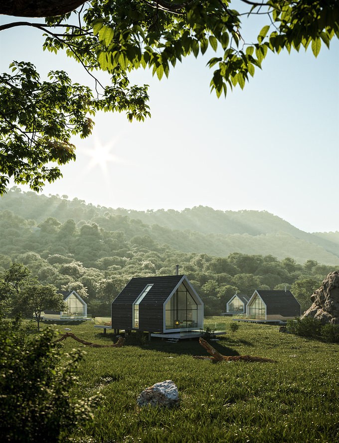 Outer Space Visualisation - https://www.outerspacevisualisation.com/
The goal was to come up with a simple and modern design for camping houses placed in a large secluded environment in the mountains.