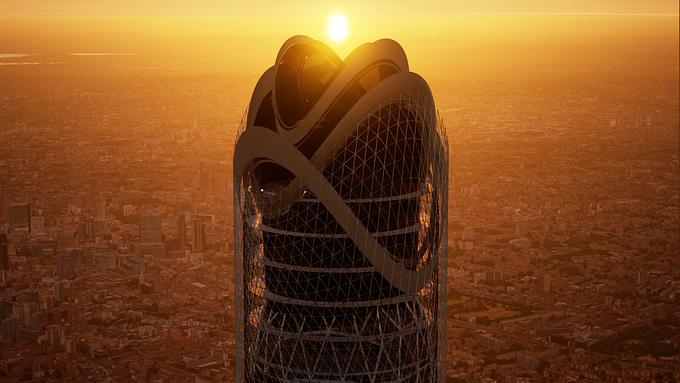 The Spire, a conceptual Skyscraper in London's Canary Wharf is 871 metres tall and 210 floors. Conceptualised by Boseman VR, London.