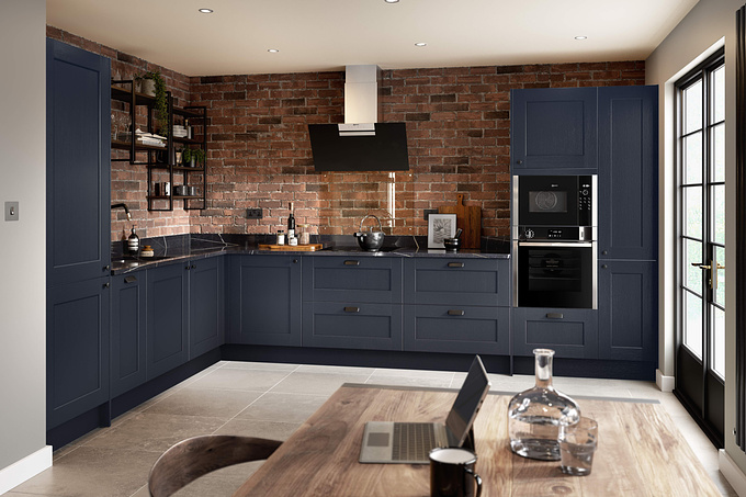 Here's one of our new industrial styled kitchen CGIs. Exposed brickwork and metal framed shelving is definitely on trend this year, here we've combined both with an indigo traditional blue shaker kitchen and industrial fittings to add the finishing touch. You can really see the detail that the artists have put into each 3D model, from the exquisite cabinet woodgrain textures to the complimenting props on the open shelving, selected by our interior designers. 
