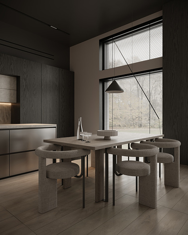 Modern dark tones living room with kitchen area