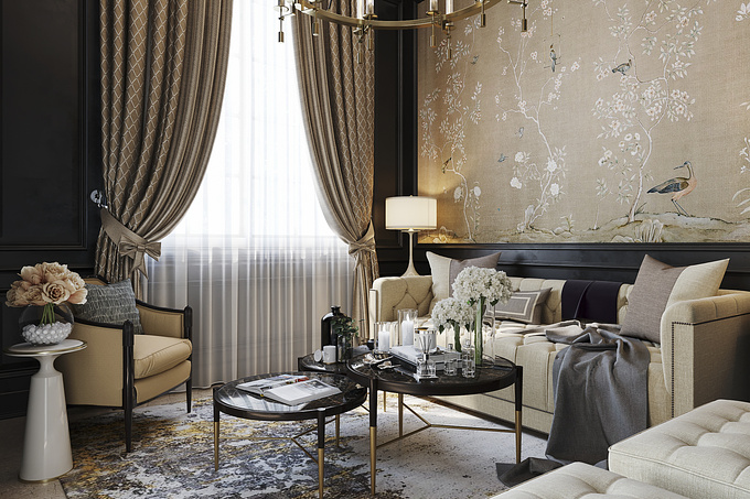 This room brings a masculine and glamorous concept, so try to combine black with gold accents.