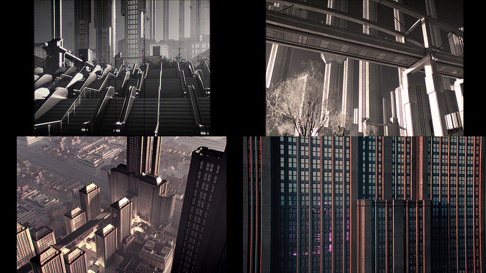 A super quick study on Hugh Ferriss' renderings.
For the Kitbash Neo City contest. #KB3Dcontest
Inspired by the Hugh Ferriss challenge from the D2 Conference.

My attempt to translate Hugh Ferriss' rendering style onto modern ways of CGI rendering. It felt weird leaving out window lights for the modern building shots, but it looks more similar to how Hugh would have painted night cityscapes. Not that he didn't use it, it was just more common to see a gradient shade of light from the bottom.

3D models with Mike Golden and Kitbash3d